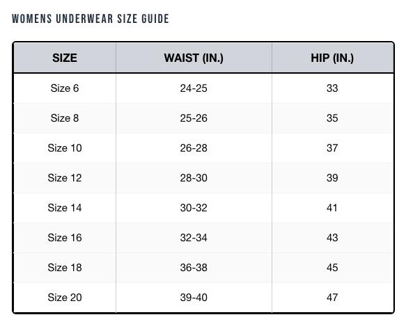 Women's boxers size guide